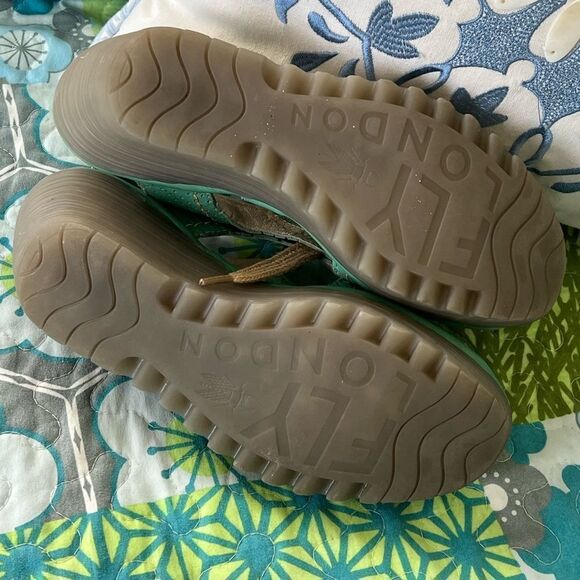 FLY LONDON Lace Up Wedge Open Toe Shoe (Dark Mint Green) - Picture 4 of 10